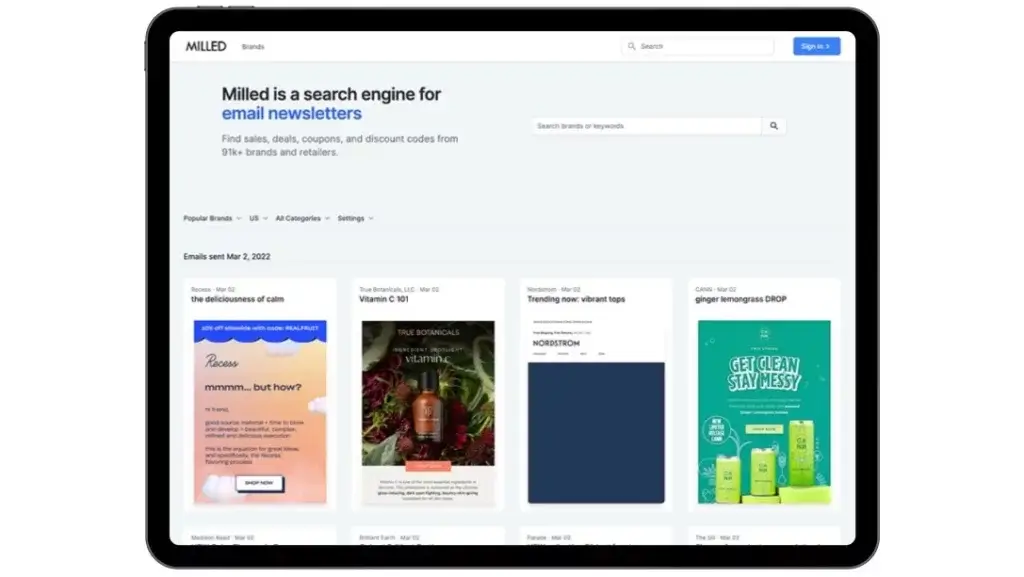 Milled er en søgemaskine for nyhedsbreve. Iflg. hjemmesiden kan du finde nyhedsmails fra mere end 91.000 brands og retailers. Masser af inspiration.